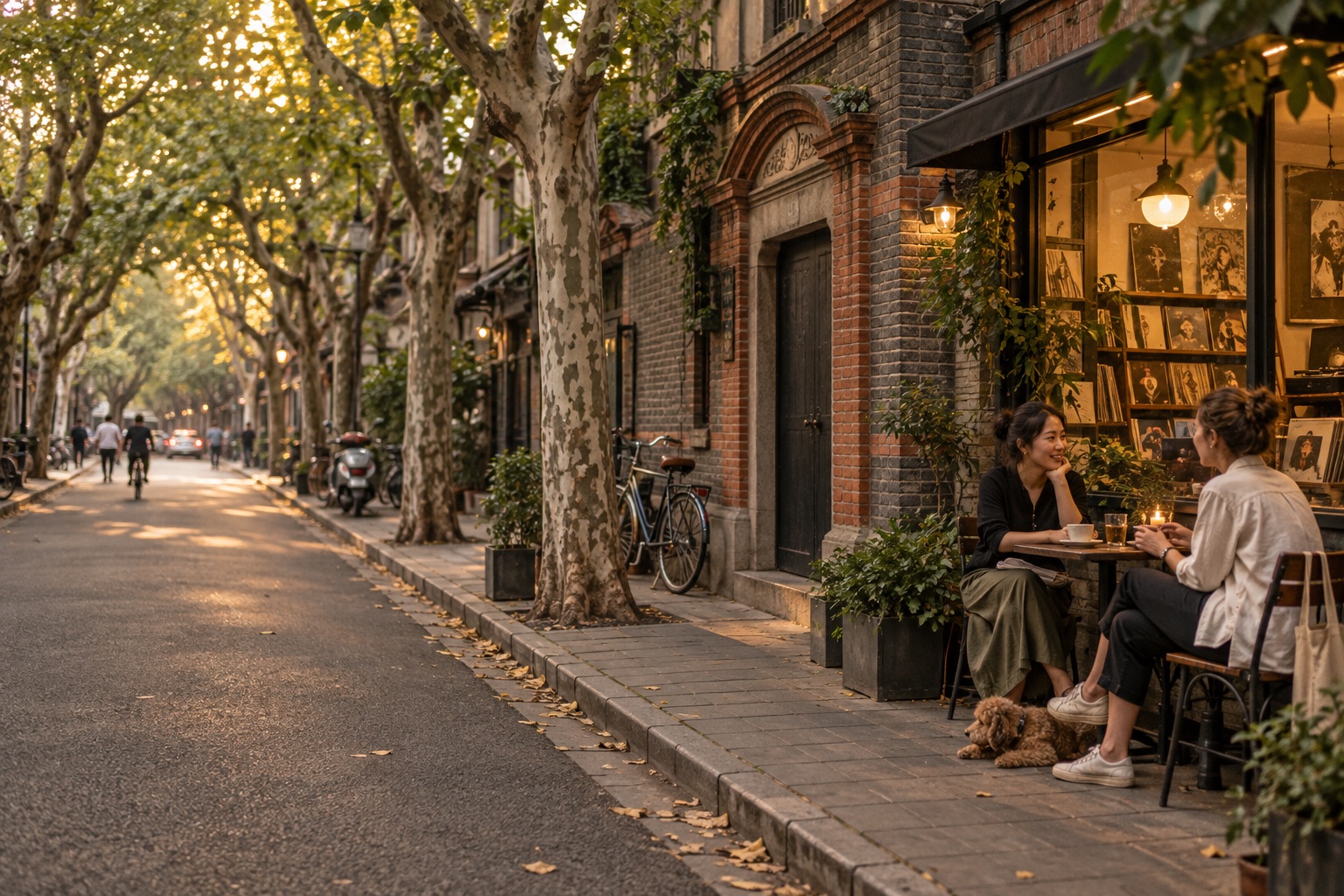 An editorial scene of friends outside a record cafe on a tree-lined Shanghai lane