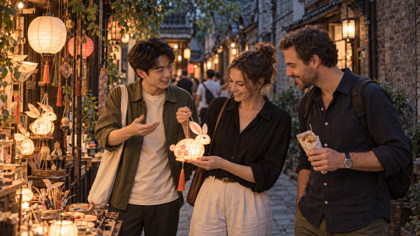 A Local Pal sharing a handmade lantern with international visitors in Shanghai
